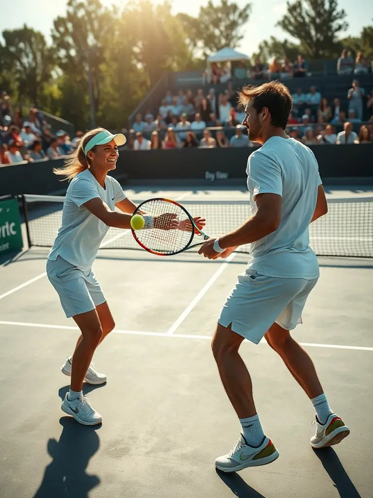 A dynamic image of a competitive match during the annual tournament, featuring two players in action and a crowd of spectators cheering from the stands.