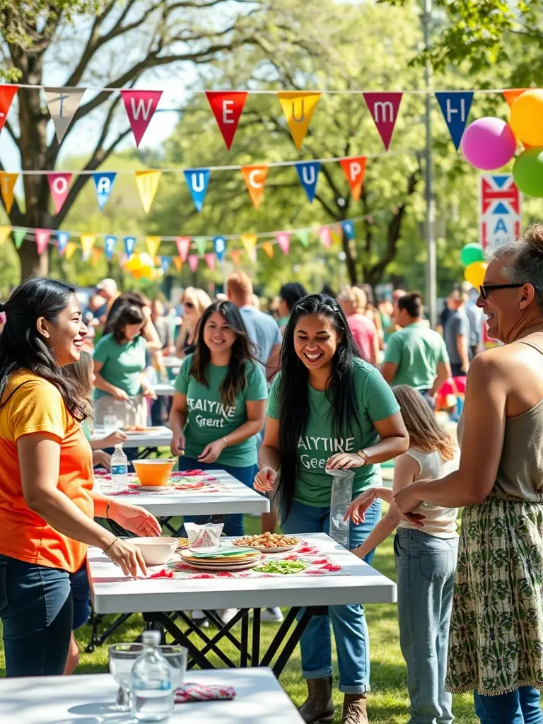 A photo showing volunteers and local residents setting up event decorations and welcoming participants at the entrance of the tennis facility.