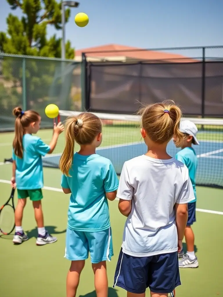 A vibrant photo of young tennis players participating in a group training session on the clay courts at Stade Jean Brivot, with a coach giving instructions.